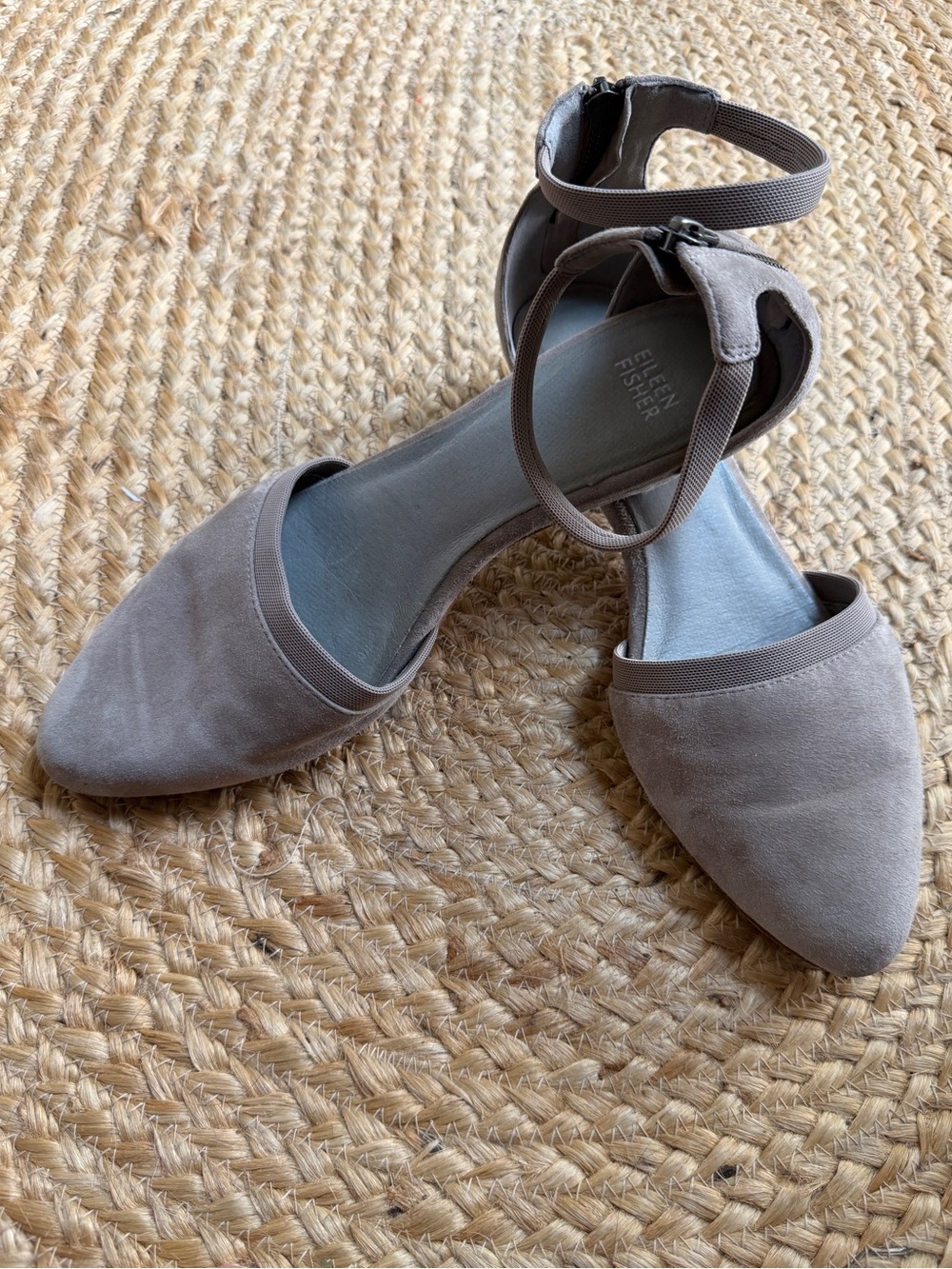 Eileen Fisher Gray Suede Elastic Ankle Strap Zip Low Block Heel Flats Size 9.5